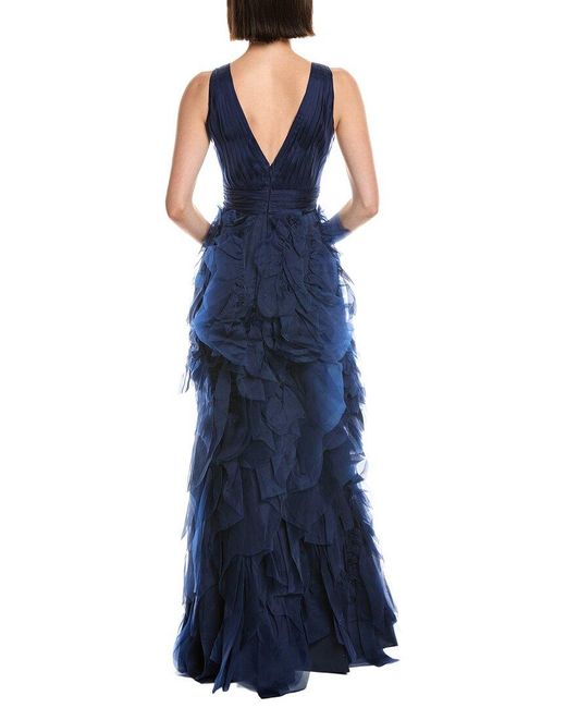 Marchesa Blue Sleeveless Deep V-Neck Silk Maxi Dress