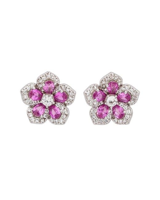 Suzy Levian Pink Silver 0.02 Ct. Tw. Diamond & Gemstone Flower Earrings