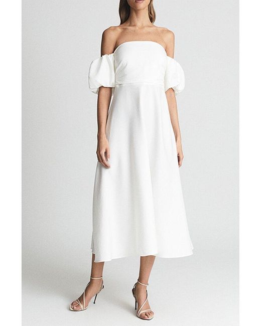 Reiss White Shona Puff Sleeve Off-shoulder Dress