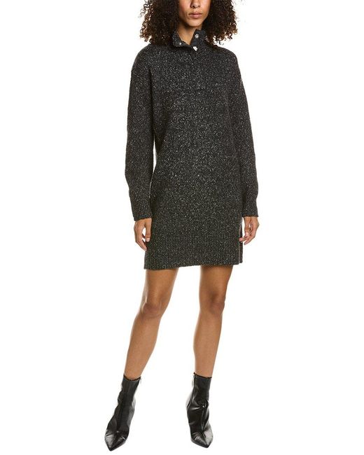 525 America Black Mock Neck Henley Wool-blend Sweaterdress