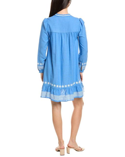 Sail To Sable Blue Embroidered Linen-Blend Mini Dress