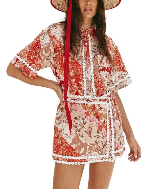 Esea Red Linen-blend Shirt & Skirt Set