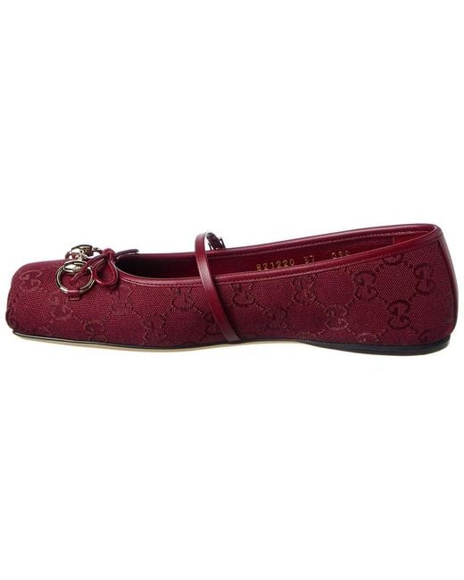 Gucci Red Horsebit Gg Canvas & Leather Flat