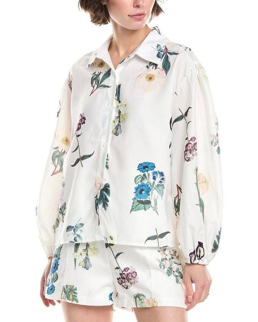 HL Affair White Balloon Sleeve Linen-Blend Blouse