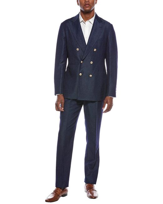 Brunello Cucinelli Blue 2Pc Wool & Linen-Blend Suit With Pleated Pant for men
