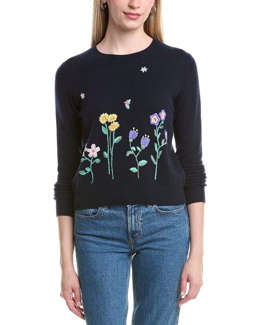 Autumn Cashmere Blue Spring Flowers Embroidered Sweater