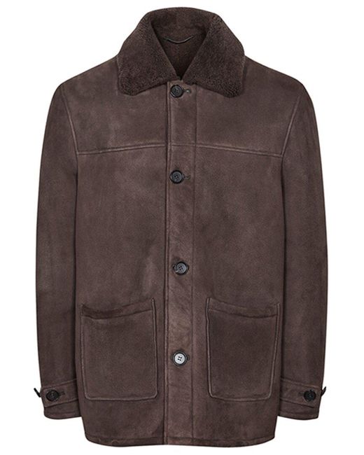 Reiss Brown Treem Mid Length Shearling Leather Jacket for men