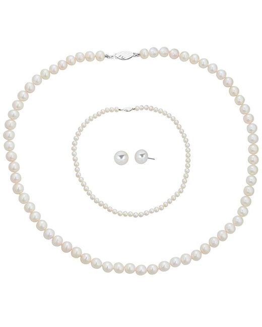 Belpearl White Silver 6-7mm Freshwater Pearl Necklace, Earrings, & Bracelet Set