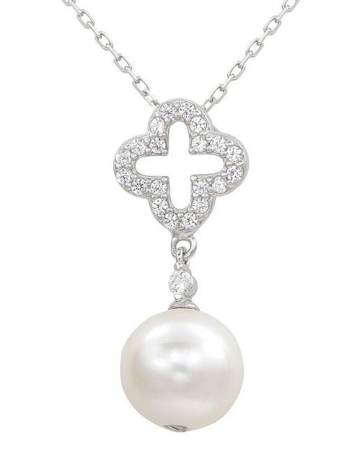 Suzy Levian White Silver Sapphire 10mm Pearl Pendant Necklace