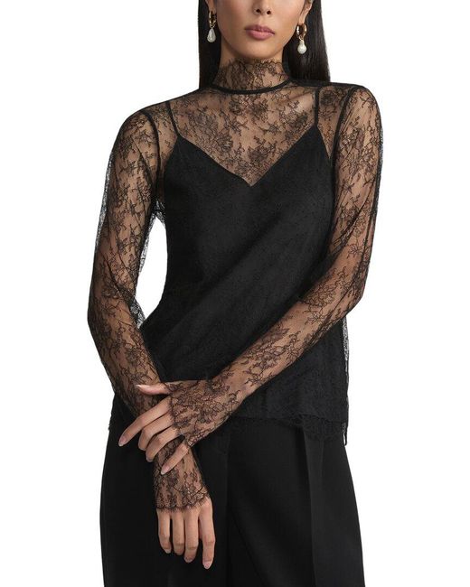 Lafayette 148 New York Black Lace Trim Mock Neck Silk-Blend Blouse
