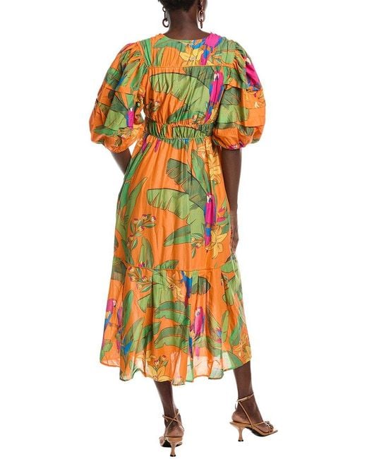 Farm Rio Yellow Fresh Macaws Midi Dress