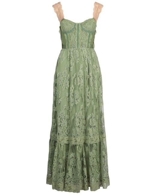 Gucci Green Sleeveless Lace Corset Tiered Dress