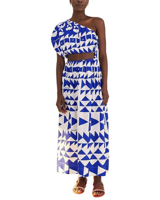 Farm Rio Blue Linen-Blend Pitta Tiles Off- One Shoulder Maxi Dress