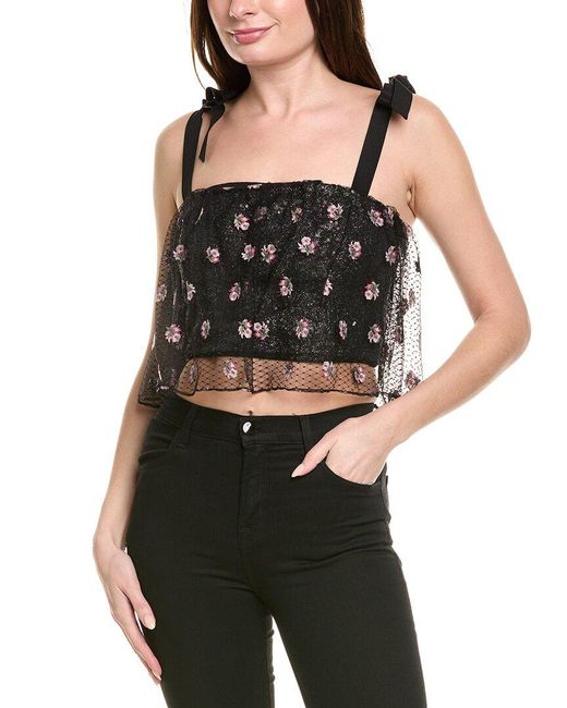 Saloni Black Sequin Silk-Trim Top