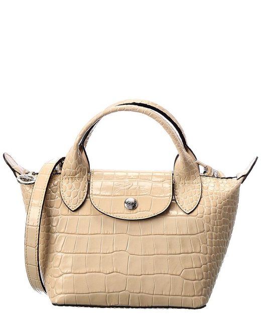 Longchamp Le Pliage Cuir Xs Croc-embossed Leather Short Handle Tote in  Natural | Lyst
