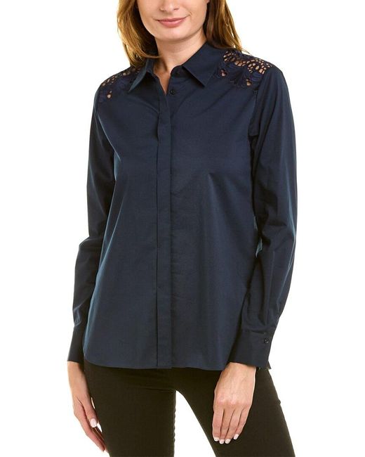 Tahari Blue Embroidered Shoulder Shirt