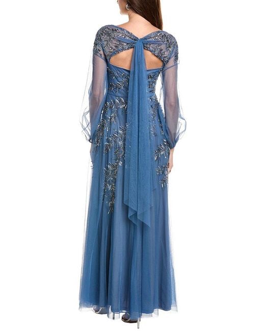 THEIA Blue Wilma Bishop Sleeve Gown