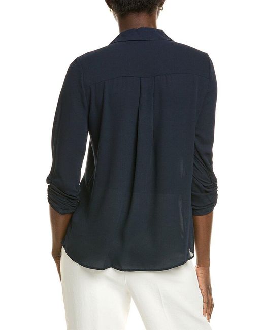 Tahari Blue Collared Split Neck Button-Down Blouse
