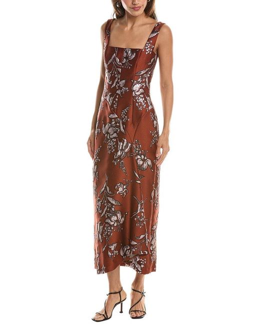 Lela Rose Brown Metallic Floral Jacquard Silk-Blend Cascade Dress