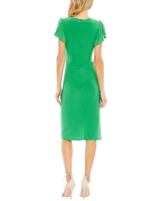 Mac Duggal Green V-Neck Short Flounce Sleeve Jersey Midi Dress