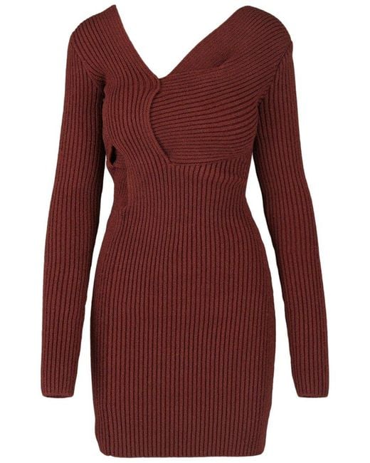Bottega Veneta Red Asymmetrical V-Neck Silk-Blend Sweaterdress