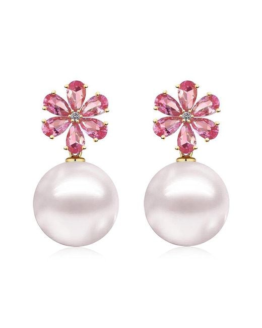 Kai Fine Jewelry Pink 14K 2.33 Ct. Tw. Diamond & Tourmaline & 12-13Mm Pearl Drop Earrings