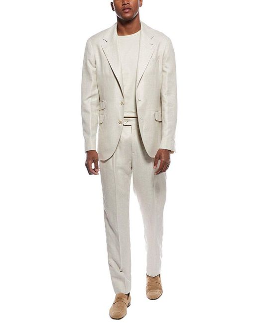 Brunello Cucinelli Natural 2Pc Wool, Linen, & Silk-Blend Suit With Pleated Pant for men
