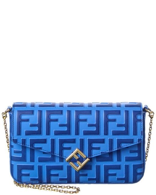 Fendi Blue Ff Diamonds Leather Wallet On Chain