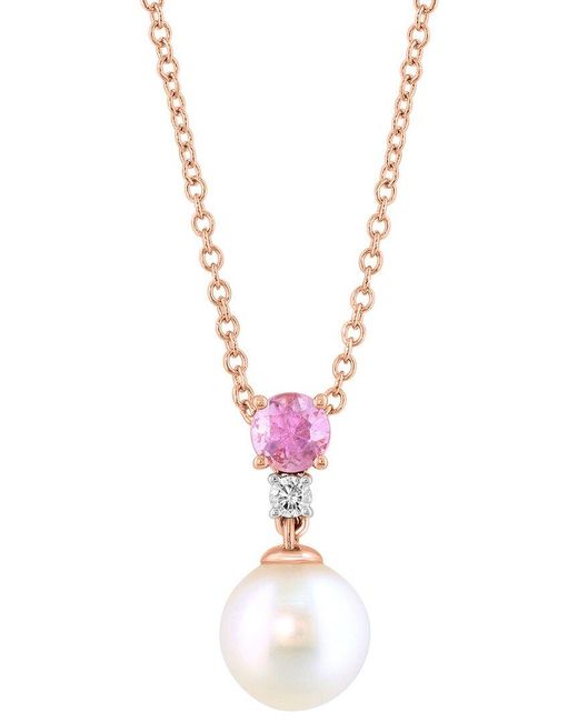 Effy Fine Jewelry White 14K Rose 0.28 Ct. Tw. Diamond & Sapphire & 7.5Mm Pearl Necklace