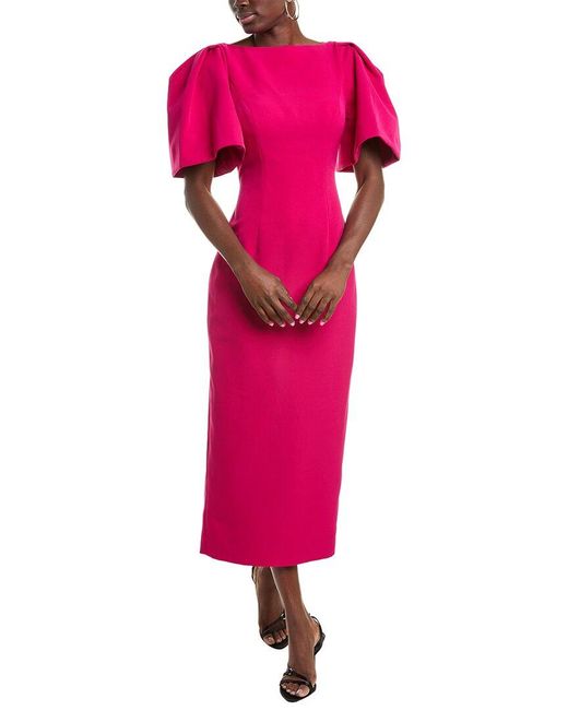 Rene Ruiz Pink Puff Sleeve Crepe Midi Dress