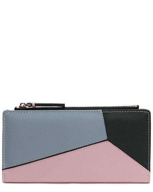 Tiffany & Fred Paris Gray Color-Patch Long Leather Wallet