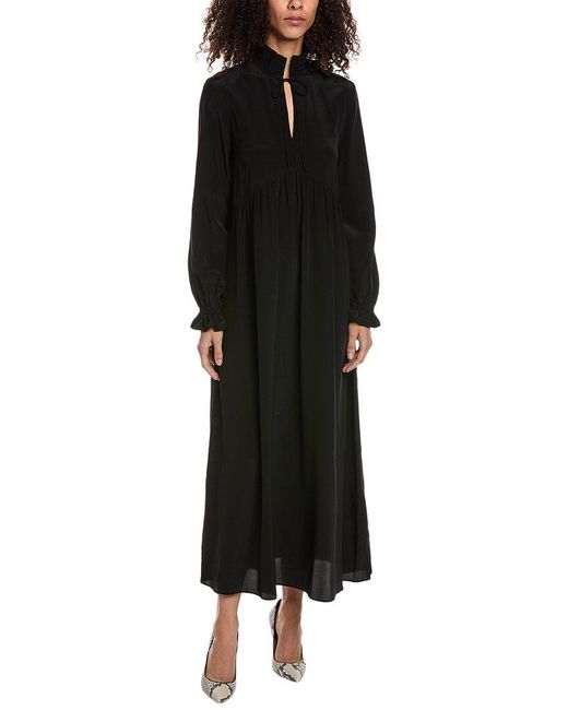The Kooples Black Smocked Collar Silk Midi Dress