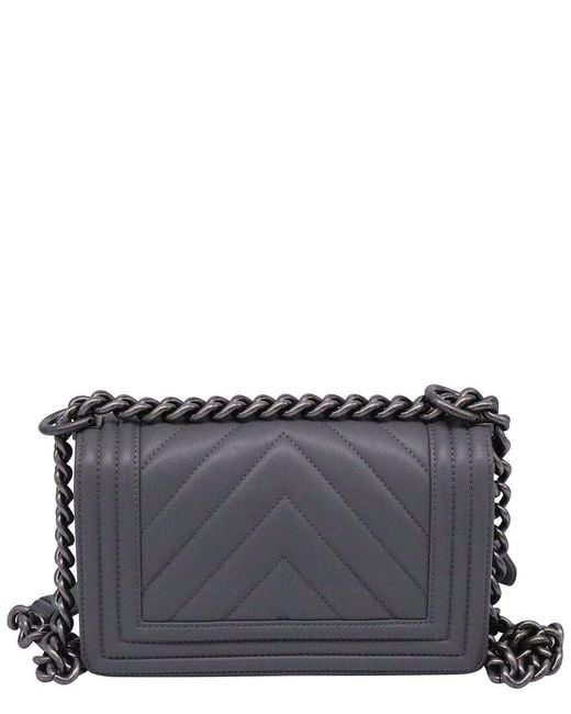 Chanel Black Grey Calfskin Leather Small Boy Flap Shoulder Bag (authentic Pre-loved)