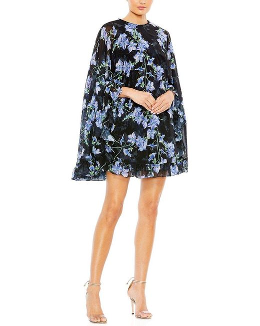Mac Duggal Blue Floral Print High Neck Ruffle Hem Cape Mini Dress