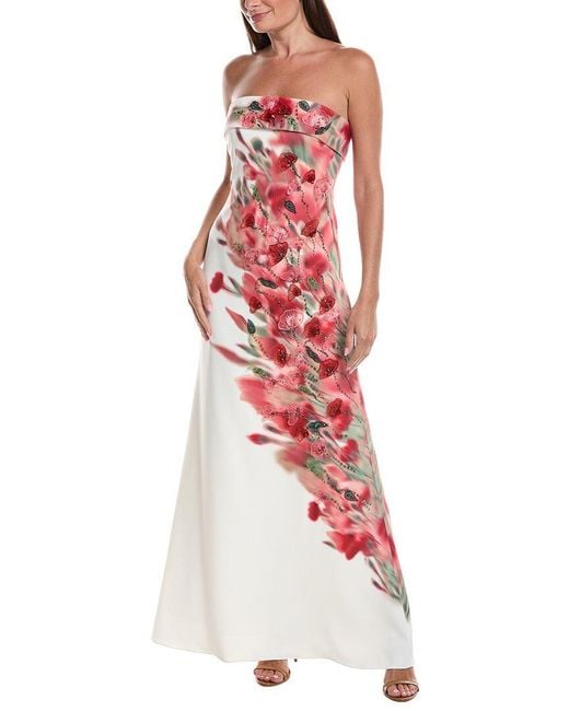 Badgley Mischka Red Floral Placement Strapless Column Gown