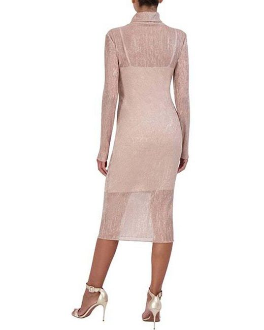 BCBGMAXAZRIA Pink Sheer Metallic Turtleneck Midi Dress