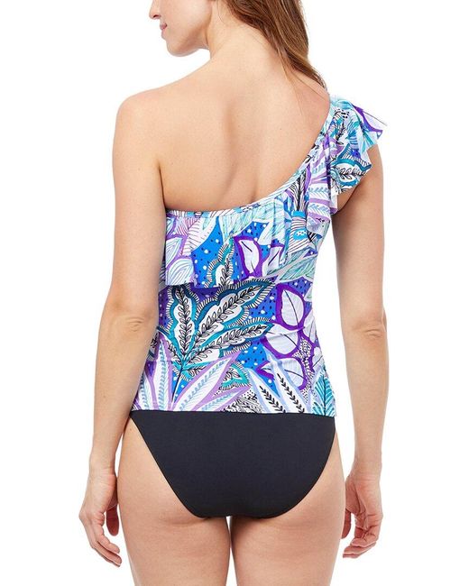 Gottex Blue Tropic Boom One Shoulder Ruffle Top