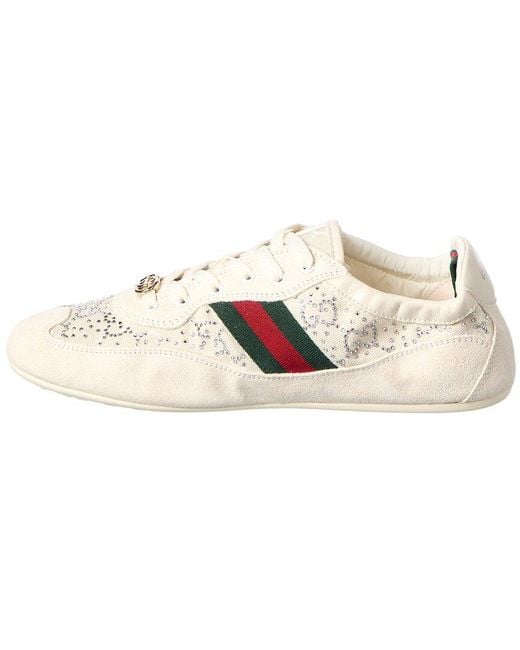 Gucci White Gg Shift Crystal Suede & Canvas Sneaker