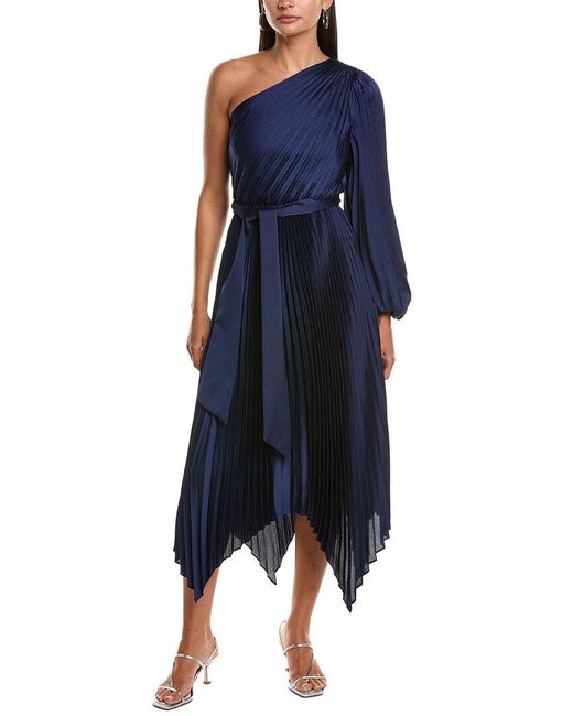 MILLY Blue Essi Solid Pleated One-Shoulder Maxi Dress