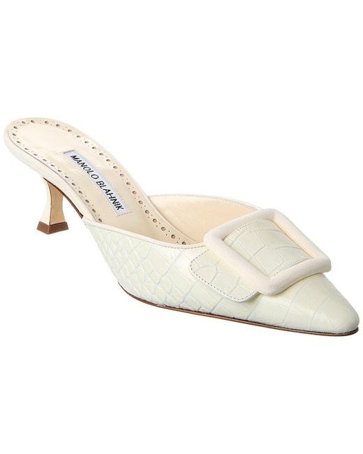 Manolo Blahnik White Maysalebi 50 Croc-embossed Leather & Suede Mule