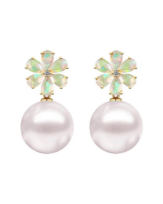Kai Fine Jewelry Metallic 14K 2.43 Ct. Tw. Diamond & Opal & 12-13Mm Pearl Drop Earrings