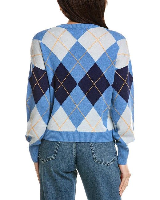 Brodie Cashmere Blue Argyle Balloon Sleeve Crewneck Wool & Cashmere-blend Sweater