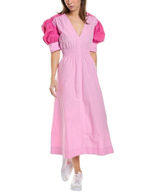 Ganni Pink Smocked Midi Dress