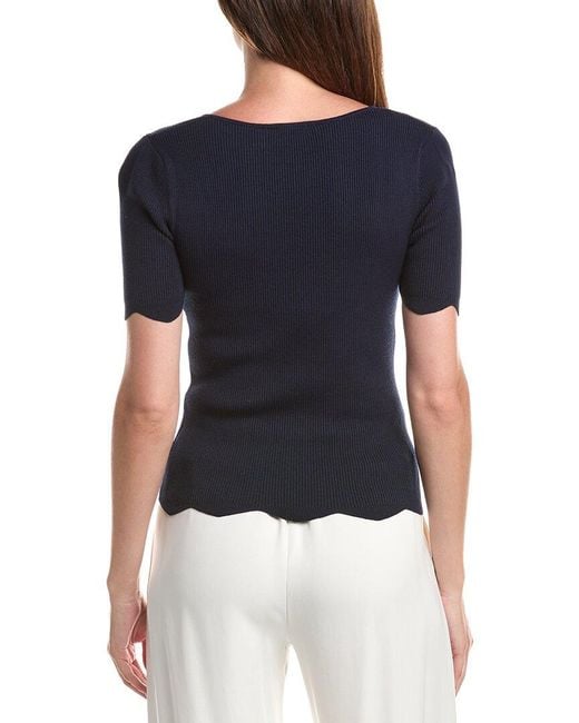 Tahari Blue Scallop Edge Pullover Sweater