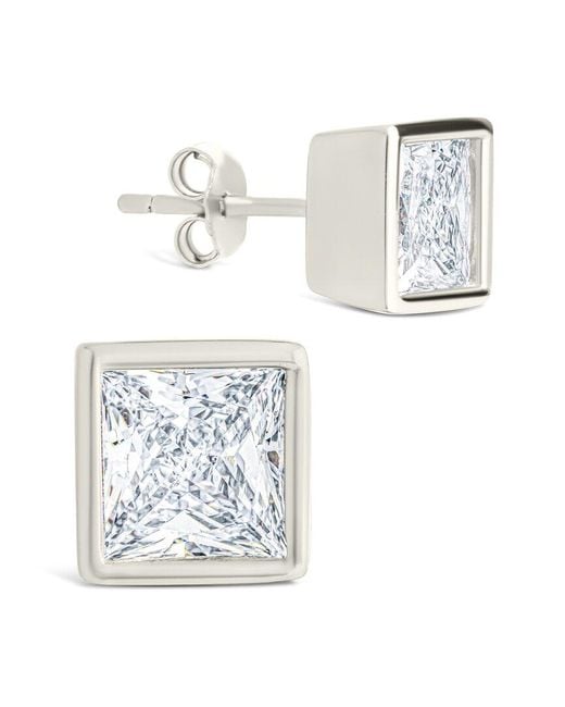 Sterling Forever White Silver Cz Princess Cut Bezel Set Stud Earrings