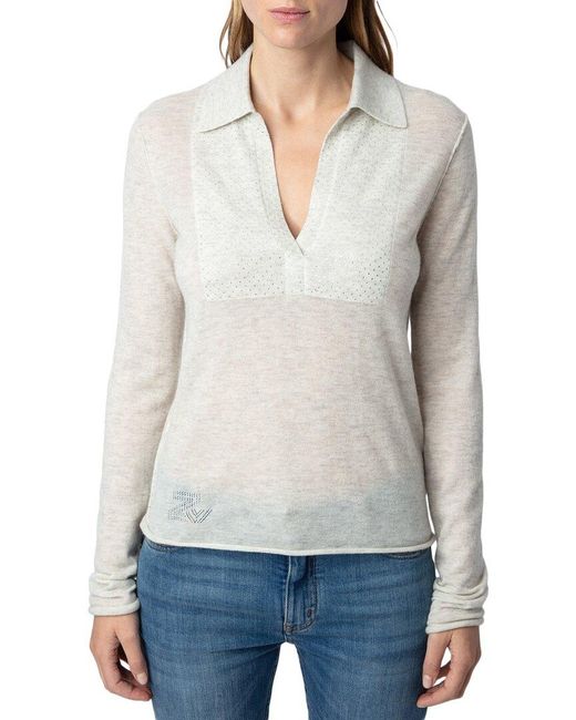 Zadig & Voltaire White Sally Cp Strass Cashmere Sweater