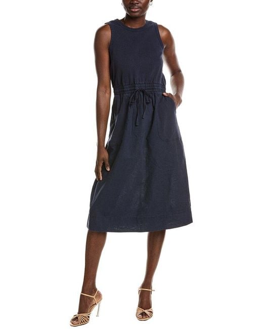 Michael Stars Blue Wilhelmina Mixed Media Linen-Blend Midi Dress