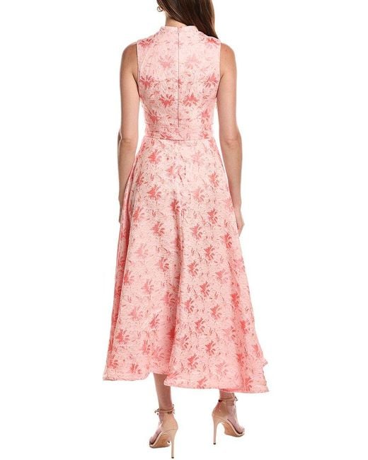 Rene Ruiz Pink Mandarin Collar Jacquard Flare Hem Maxi Dress