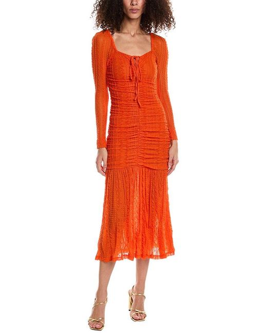 Ganni Orange Stretch Lace Gathered Midi Dress