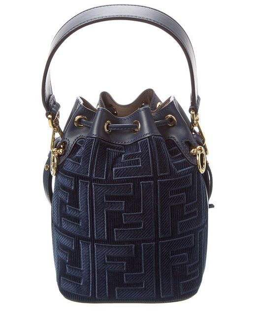 Fendi Blue Mon Tresor Mini Ff Corduroy & Leather Bucket Bag